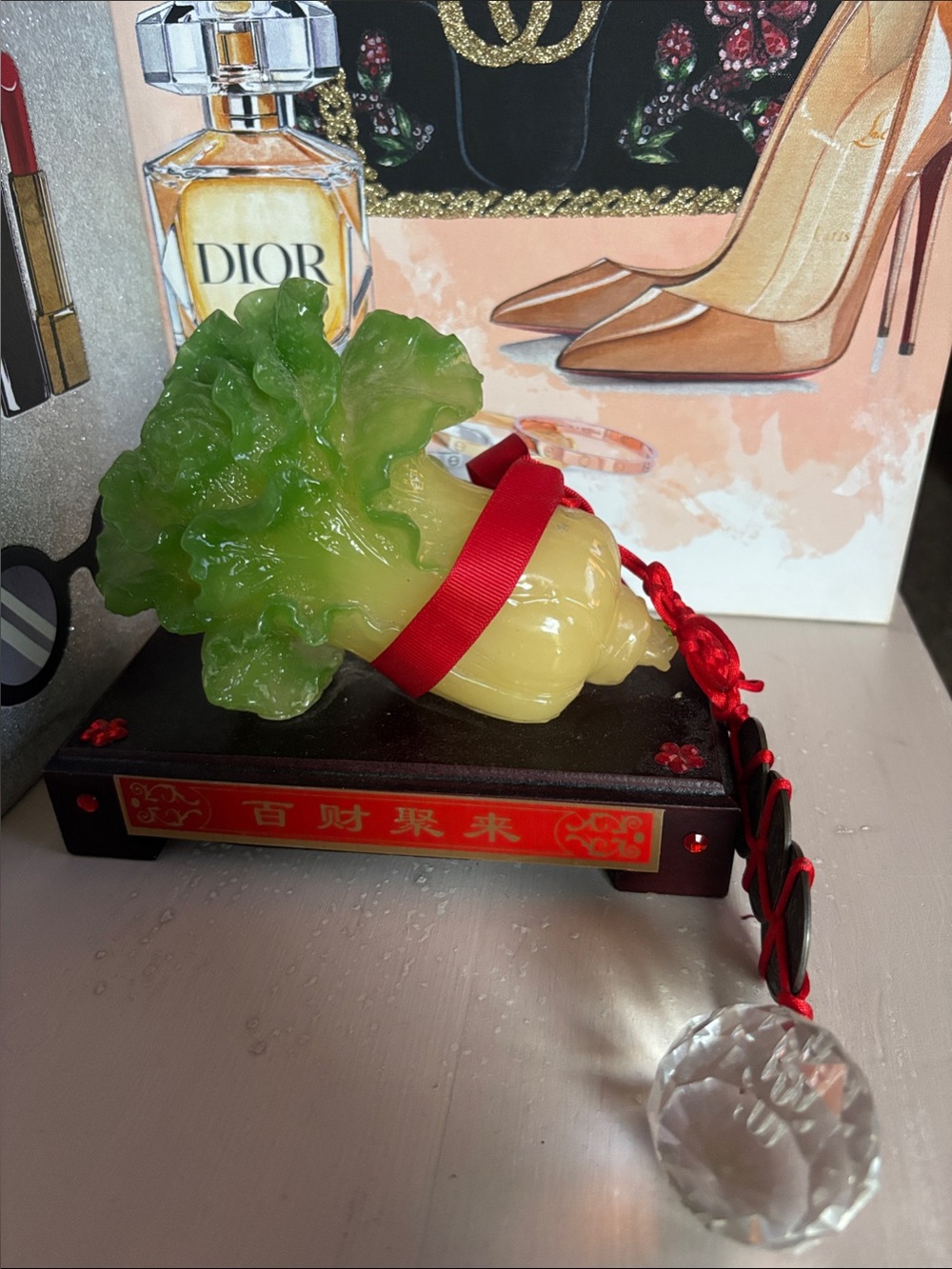 Chinese Jade Style Cabbage Wealth & Prosperity Figurine w/wood base